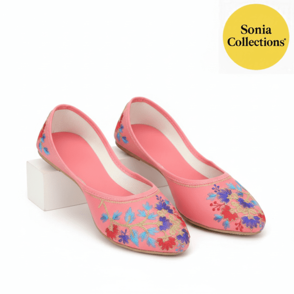 Pink Women’s Jutti with Blue, Red & Yellow Embroidery