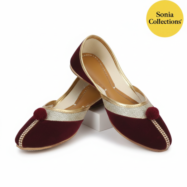 Maroon Women’s Jutti with Gold Work & Pom-Pom