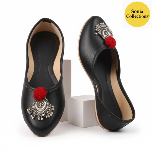 Women Black Handmade Jutti with Silver Buckle