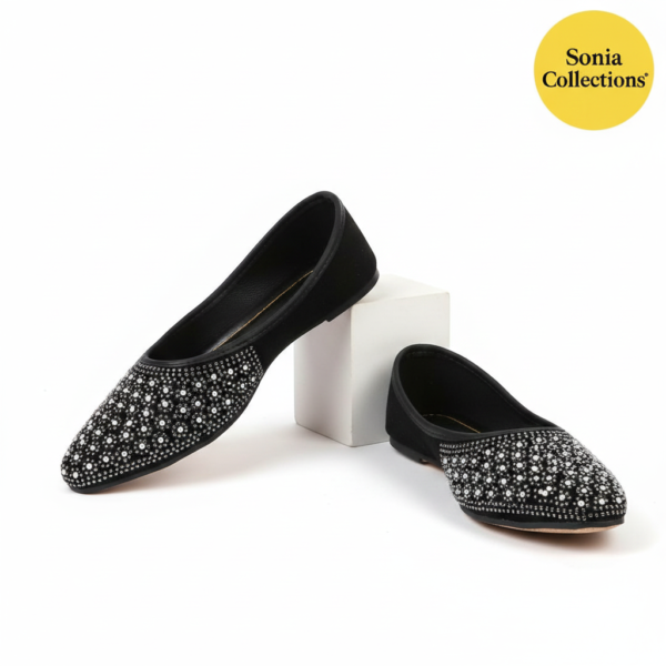 Women Black Slip-On Jutti – White Bead Design