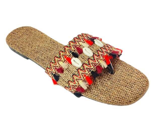 “Sonia Collections™ Tan Kolhapuri Style Chappal – Handmade with Colorful Tassels & Shell Detailing” - Image 4