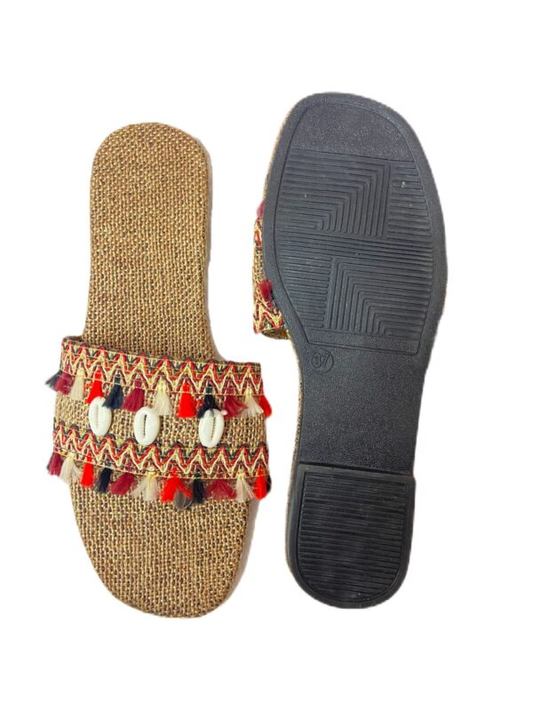 “Sonia Collections™ Tan Kolhapuri Style Chappal – Handmade with Colorful Tassels & Shell Detailing”