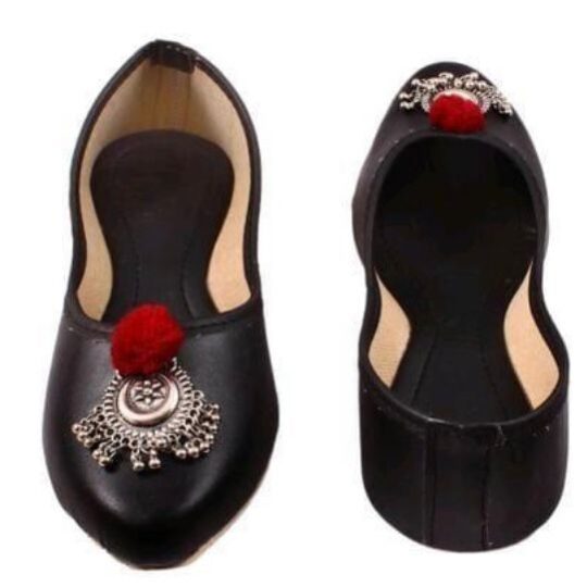 “Black Handcrafted Jutti with Silver Buckle & Red Pom-Pom – Sonia Collections™ Signature Style”