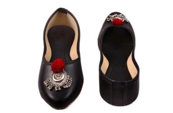 “Black Handcrafted Jutti with Silver Buckle & Red Pom-Pom – Sonia Collections™ Signature Style”