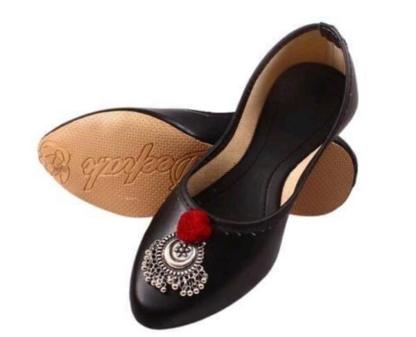 “Black Handcrafted Jutti with Silver Buckle & Red Pom-Pom – Sonia Collections™ Signature Style” - Image 5