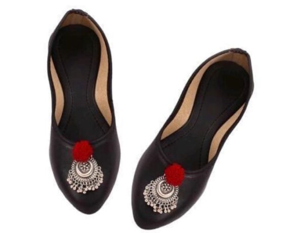 “Black Handcrafted Jutti with Silver Buckle & Red Pom-Pom – Sonia Collections™ Signature Style” - Image 4