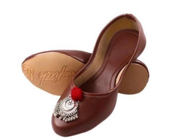 🩰 “Brown Handcrafted Jutti with Silver Buckle & Red Pom-Pom – Sonia Collections™ Artisan Footwear”