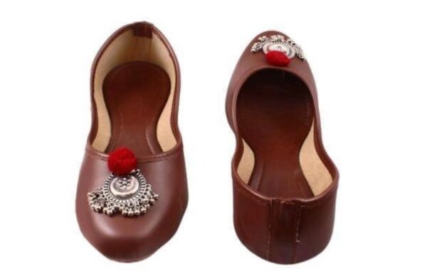 🩰 “Brown Handcrafted Jutti with Silver Buckle & Red Pom-Pom – Sonia Collections™ Artisan Footwear” - Image 5