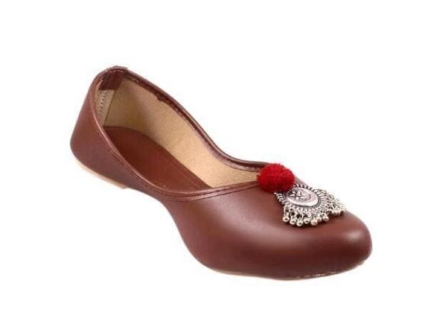 🩰 “Brown Handcrafted Jutti with Silver Buckle & Red Pom-Pom – Sonia Collections™ Artisan Footwear” - Image 3