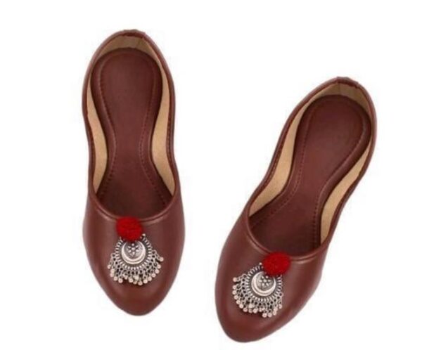 🩰 “Brown Handcrafted Jutti with Silver Buckle & Red Pom-Pom – Sonia Collections™ Artisan Footwear” - Image 2