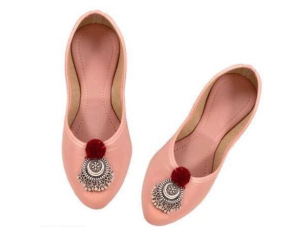 🩰 “Pink Handcrafted Jutti with Silver Buckle & Red Pom-Pom – Sonia Collections™ Signature Style - Image 3