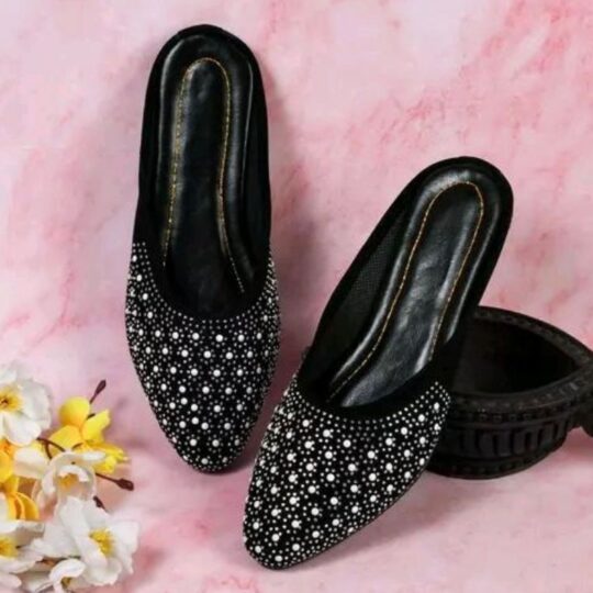 🩰 “Black Handcrafted Slip-On Jutti with White Beadwork – Sonia Collections™ Signature Elegance”