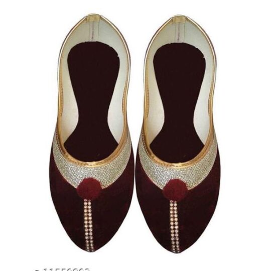 🩰 “Maroon Handcrafted Jutti with Golden Embroidery & Red Pom-Pom – Sonia Collections™ Signature Style”