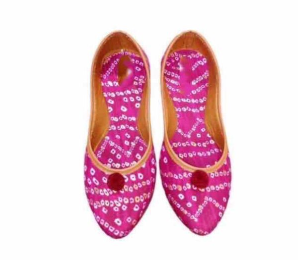 🩰 “Pink Handcrafted Jutti with White Ethnic Motifs & Red Pom-Pom – Sonia Collections™ Signature Style”