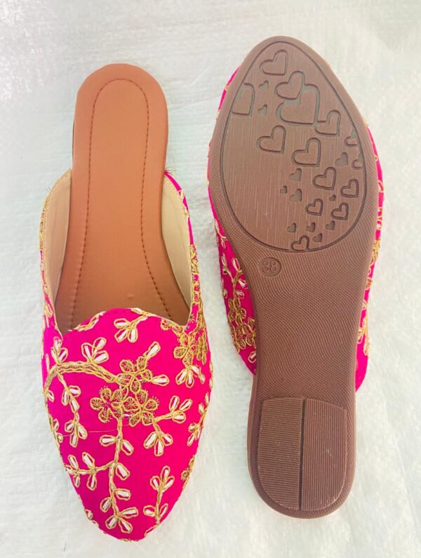 🩰  Pink Handcrafted Jutti with Golden Floral Embroidery – Sonia Collections™ Signature Festive Edition” - Image 3