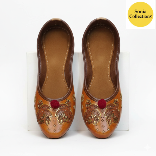 Handcrafted Brown Embroidered Women's Juttis with Red Pom-Pom Accent