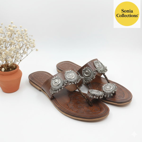 Vintage Tan Brown Sandals with Intricate Metallic Charms