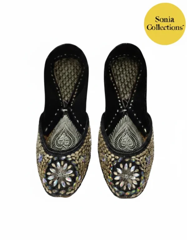 Handcrafted Black Jutti with Golden Thread & Colorful Floral Design – Traditional Mojari” - Sonia Collections