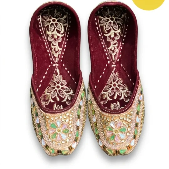 Handcrafted Jutti – Maroon Velvet & Golden Beadwork | Sonia Collections™