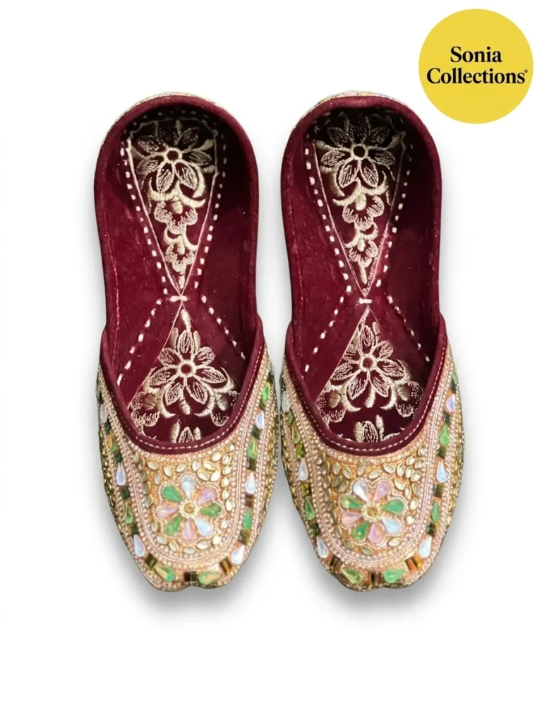 Handcrafted Jutti – Maroon Velvet & Golden Beadwork | Sonia Collections™