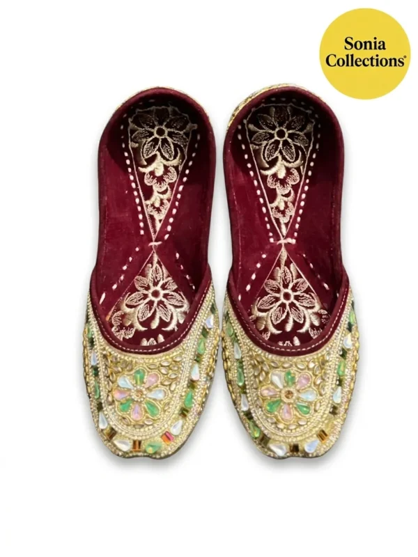 Handcrafted Jutti – Maroon & Golden Embroidery Mojari | Sonia Collections™