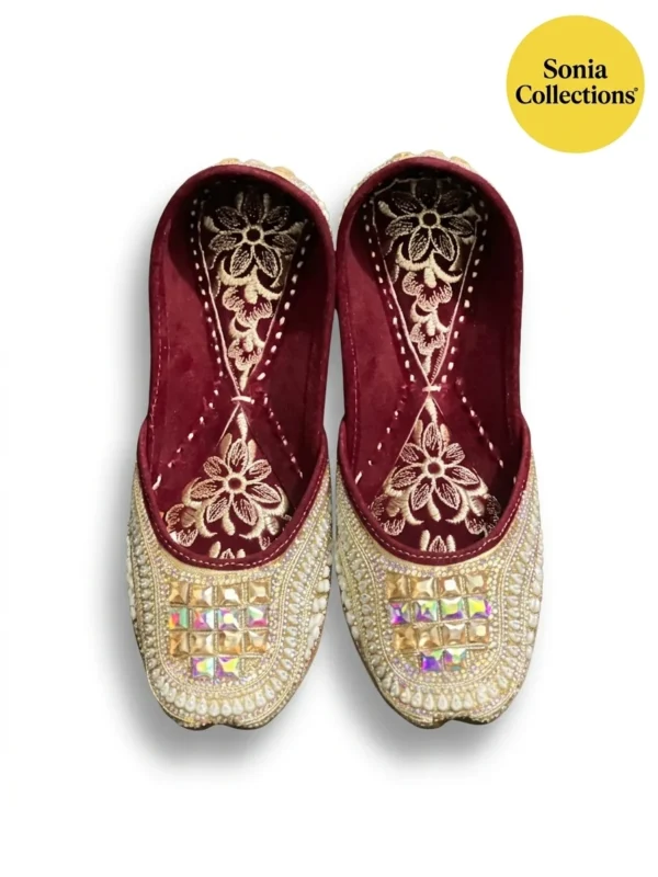 Handcrafted Jutti – Maroon & Gold Embroidery Mojari | Sonia Collections™
