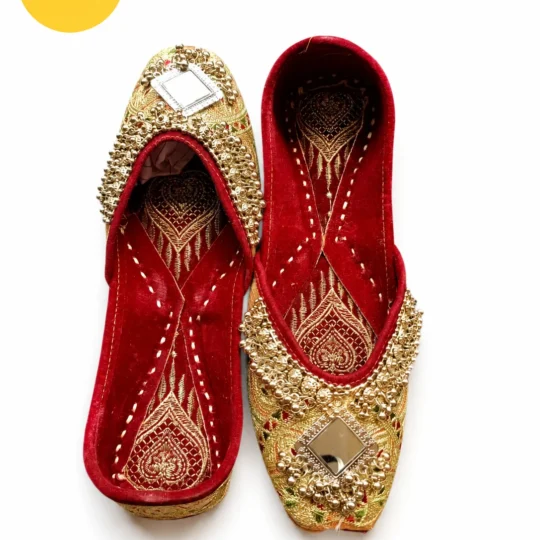 Handcrafted Indian Jutti for Women | Red Gold Mirror Work