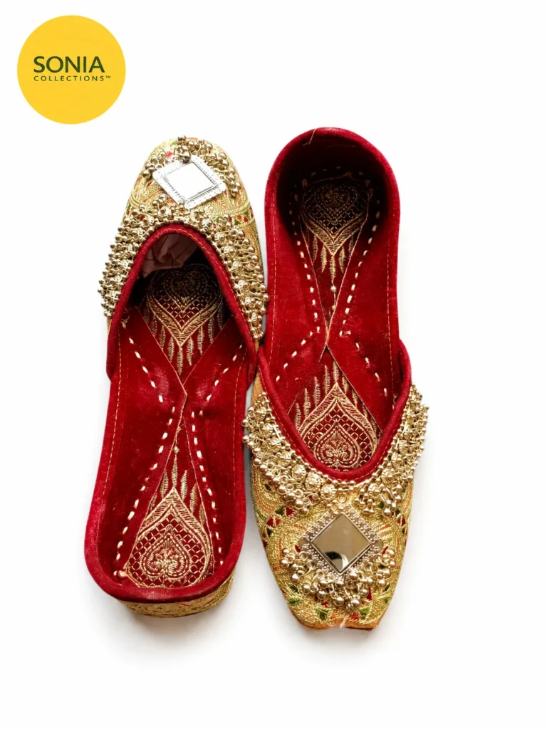 Handcrafted Indian Jutti for Women | Red Gold Mirror Work