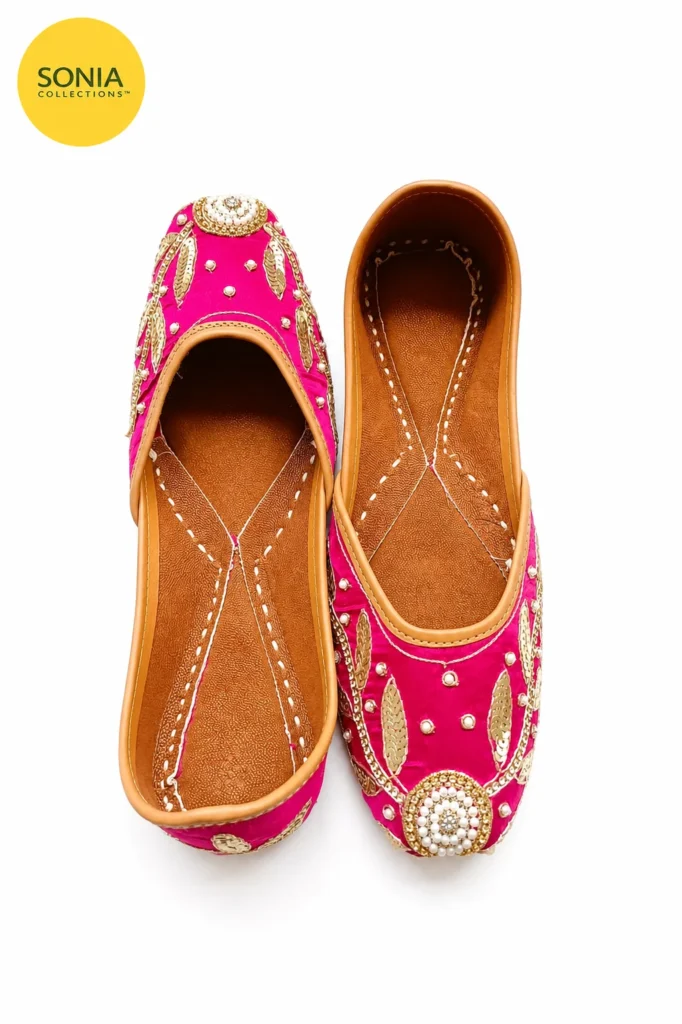 Handcrafted Indian Jutti for Women | Pink Gold Embroidered