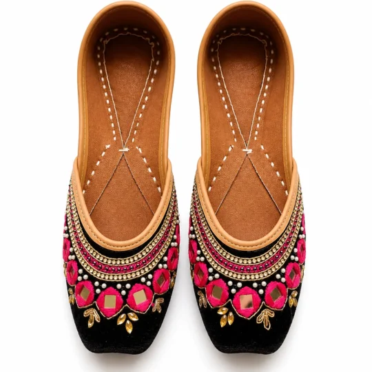 Handcrafted Indian Jutti for Women | Black Pink Gold