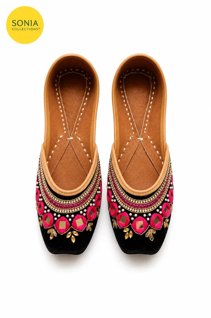 Handcrafted Indian Jutti for Women | Black Pink Gold