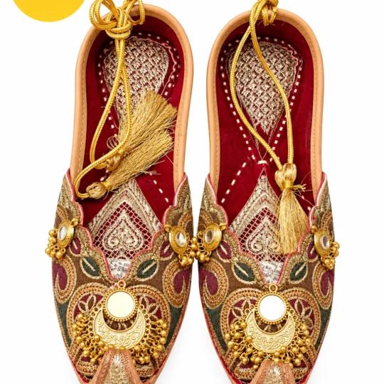 Handcrafted Punjabi Jutti for Women – Burgundy Gold Embroidered Wedding Mojari | Sonia Collections™