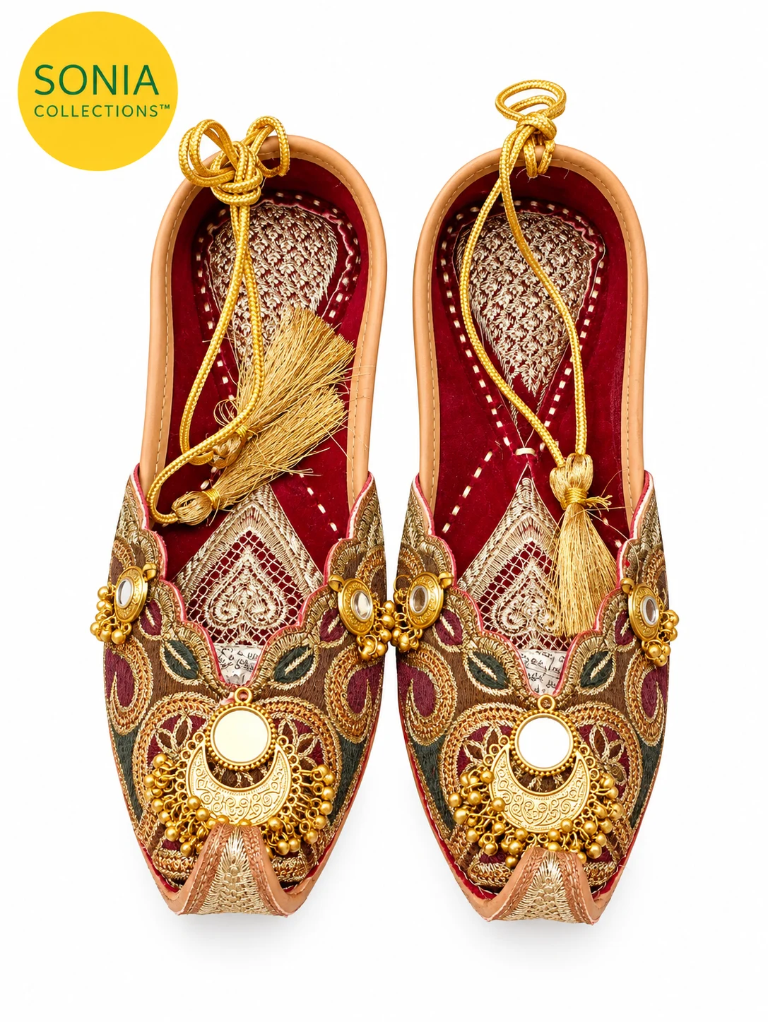 Handcrafted Punjabi Jutti for Women – Burgundy Gold Embroidered Wedding Mojari | Sonia Collections™