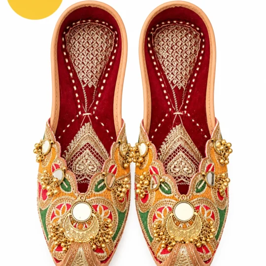 Women's Multicolor Gold Embroidered Jutti with Maroon Lining – Traditional Indian Khussa