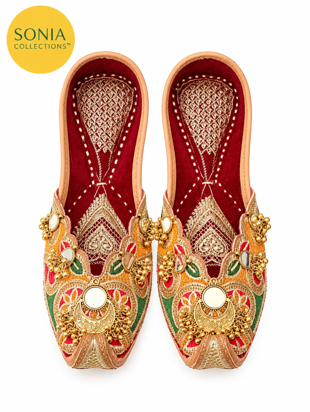 Women's Multicolor Gold Embroidered Jutti with Maroon Lining – Traditional Indian Khussa