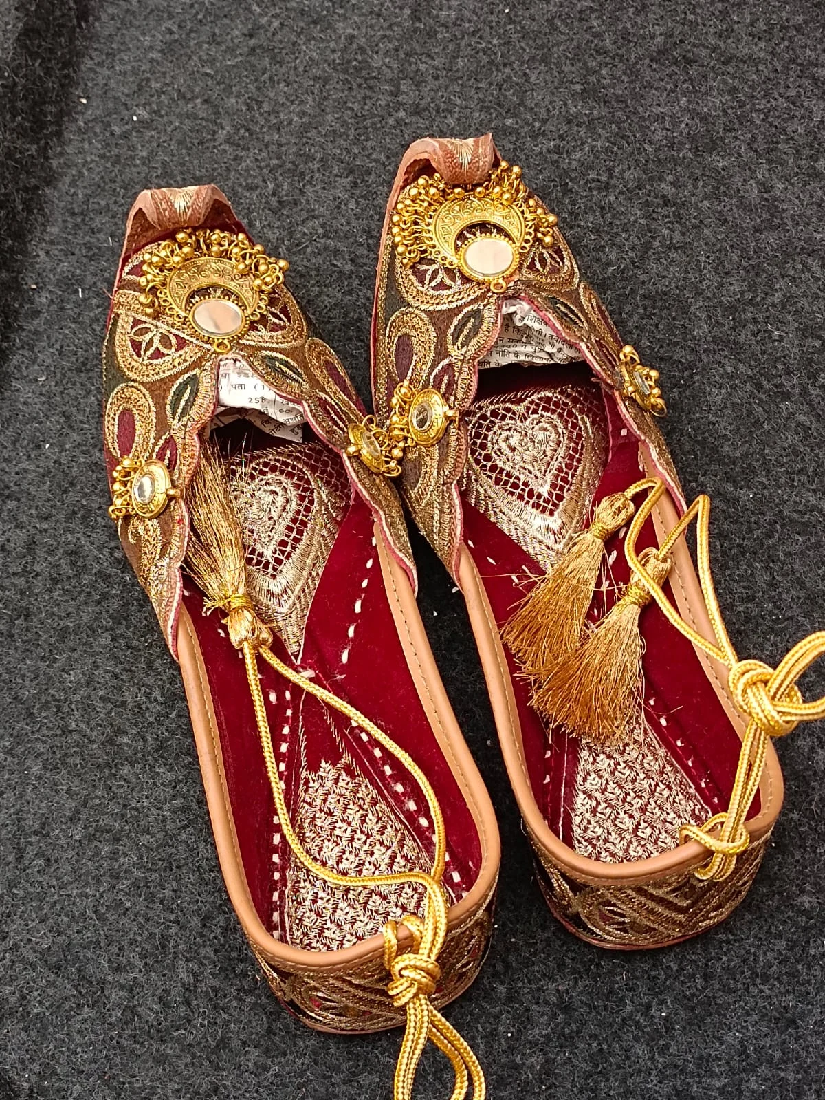 Handcrafted Punjabi Jutti for Women – Burgundy Gold Embroidered Wedding Mojari | Sonia Collections™ - Image 5