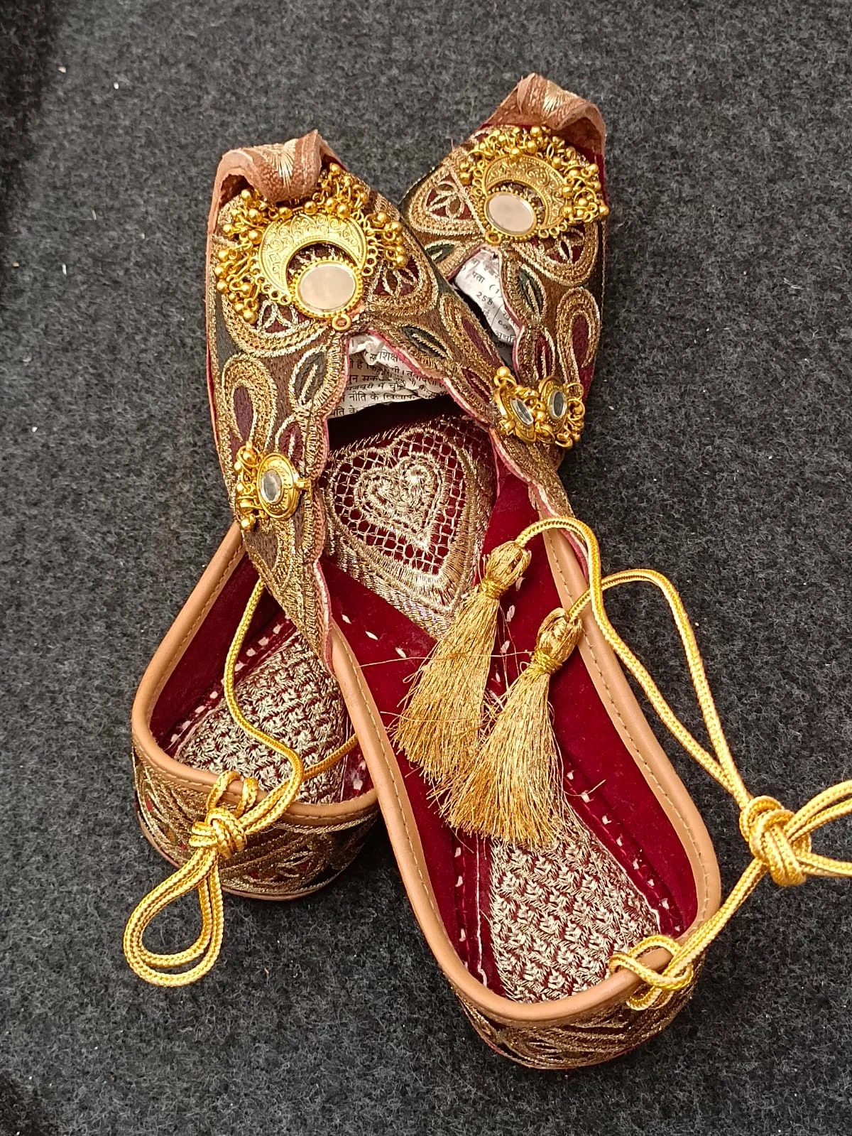 Handcrafted Punjabi Jutti for Women – Burgundy Gold Embroidered Wedding Mojari | Sonia Collections™ - Image 6