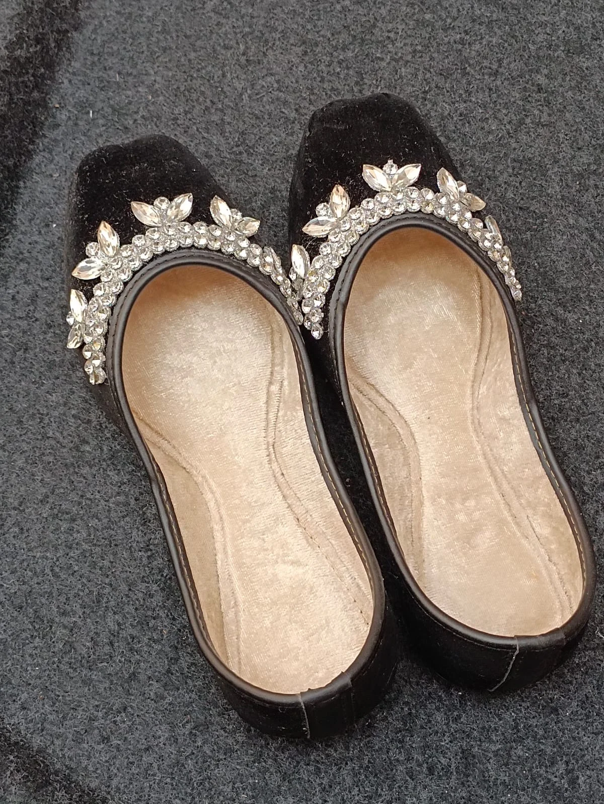 Black Indian Wedding Flats, Crystal Embellished Jutti, Velvet Mojari for Women, Indian Ethnic Shoes USA. - Image 4