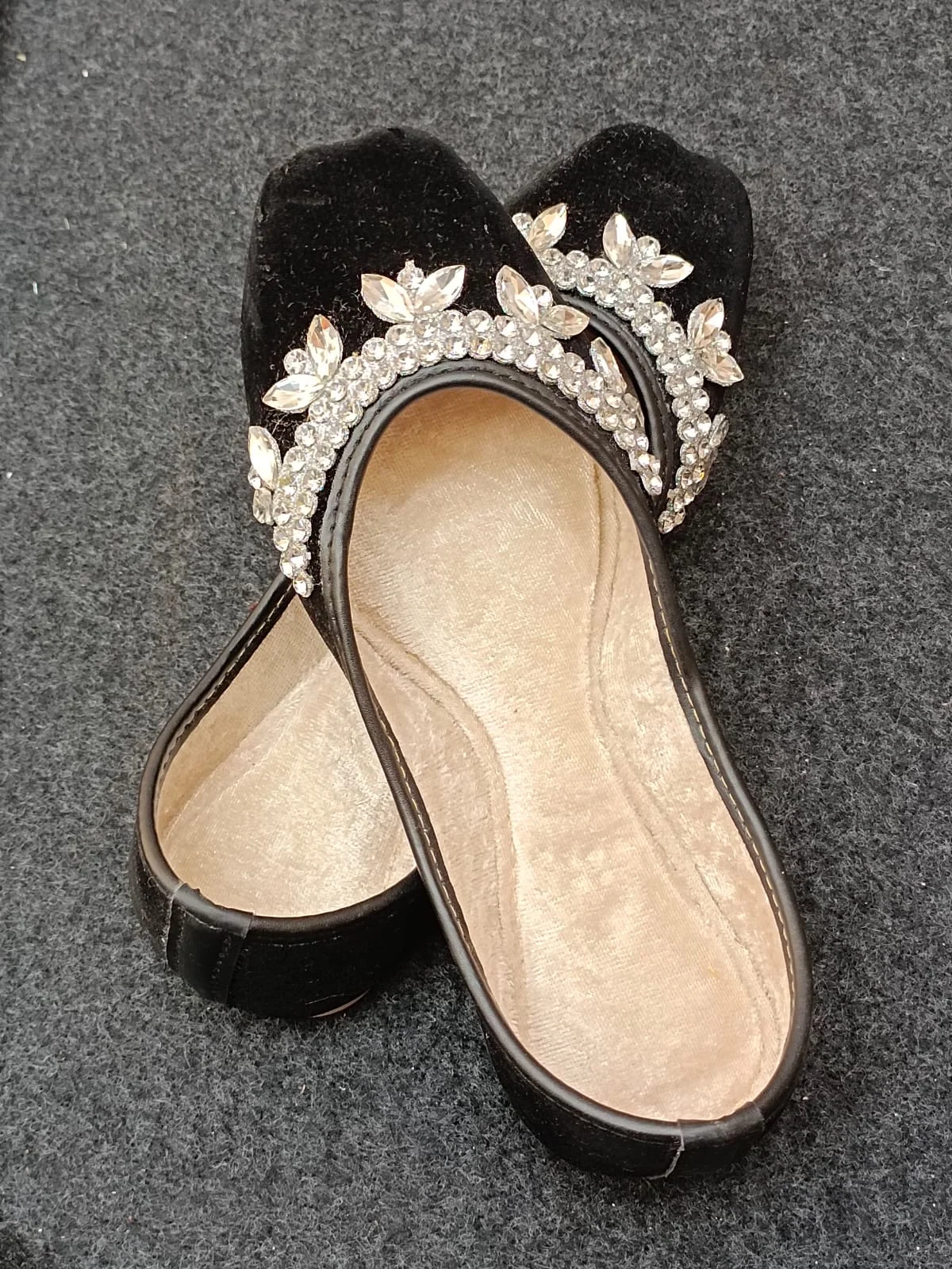 Black Indian Wedding Flats, Crystal Embellished Jutti, Velvet Mojari for Women, Indian Ethnic Shoes USA. - Image 3