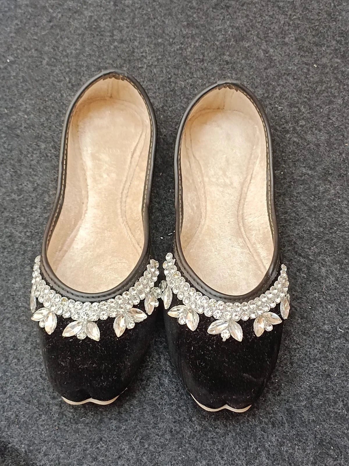 Black Indian Wedding Flats, Crystal Embellished Jutti, Velvet Mojari for Women, Indian Ethnic Shoes USA. - Image 6