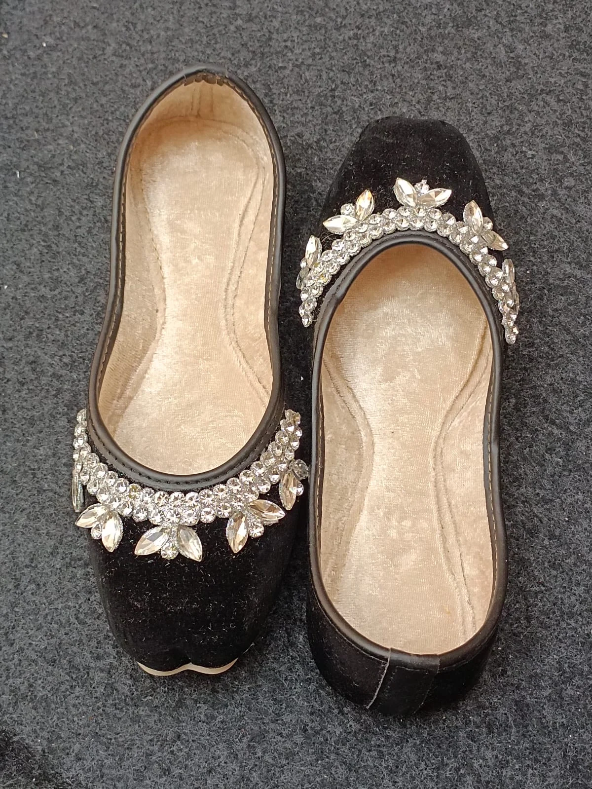 Black Indian Wedding Flats, Crystal Embellished Jutti, Velvet Mojari for Women, Indian Ethnic Shoes USA. - Image 2